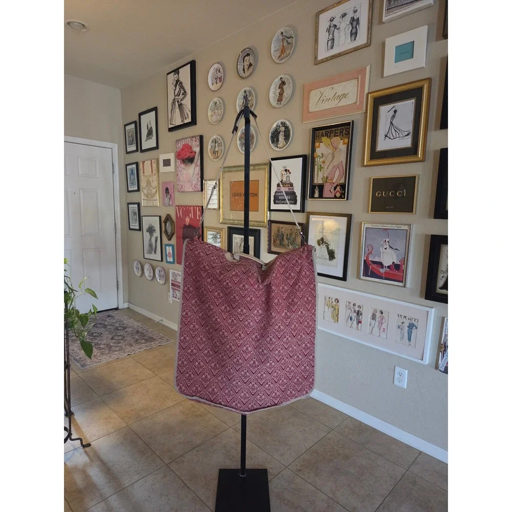 Vintage 80s Red Gold Tapestry Garment Bag Woven Damask Folding Travel Bag